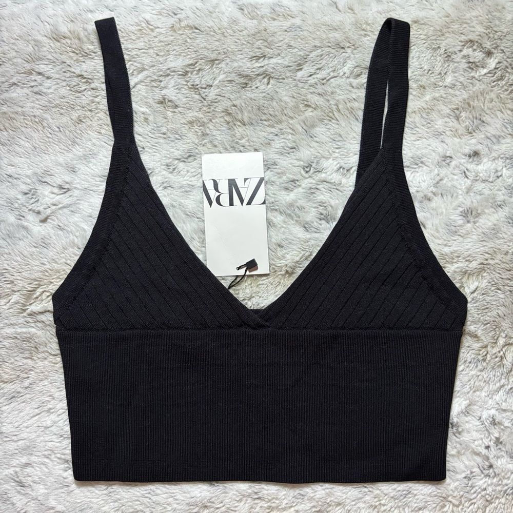 Zara Black Ribbed Knit Cami Crop Tank Top Large nwt